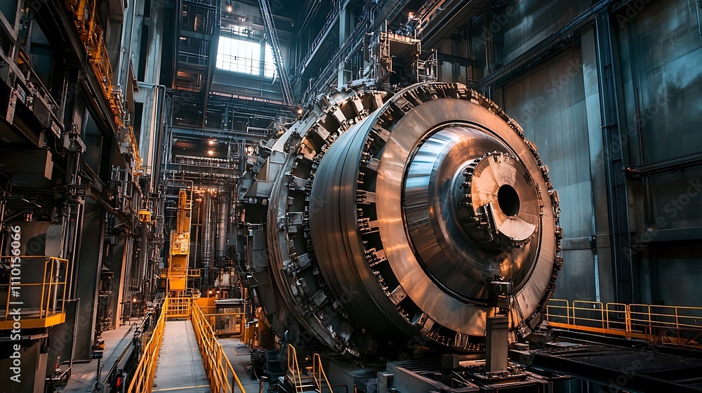 Massive industrial machine in a factory setting. Massive industrial machine in a factory setting.