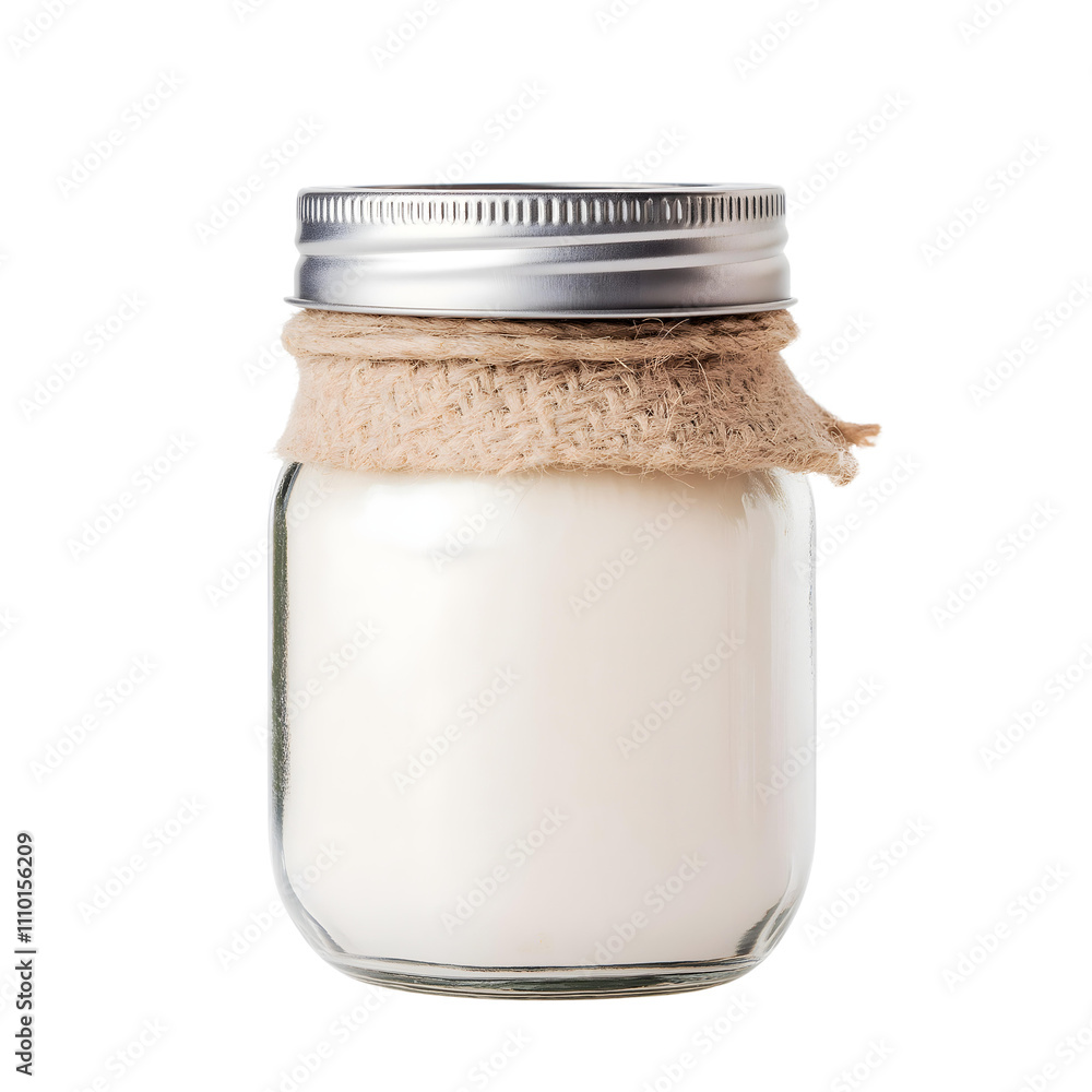 A jar of creamy milk with a rustic burlap wrap around the lid, isolated on a white background, perfect for culinary and beverage themes. A jar of creamy milk with a rustic burlap wrap around the lid, isolated on a white background, perfect for culinary and beverage themes.