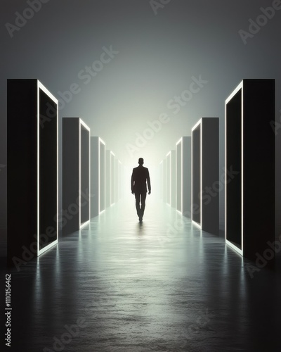 Mysterious figure walking through illuminated passage abstract setting digital art surreal atmosphere conceptual exploration