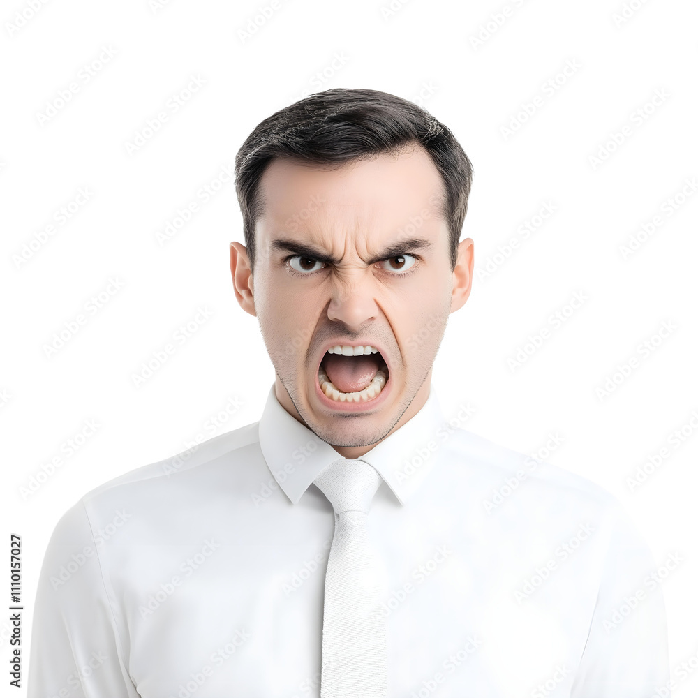A man in a white shirt and tie expressing extreme anger, with a fierce open-mouthed expression and intense emotions, isolated on a white background. A man in a white shirt and tie expressing extreme anger, with a fierce open-mouthed expression and intense emotions, isolated on a white background.
