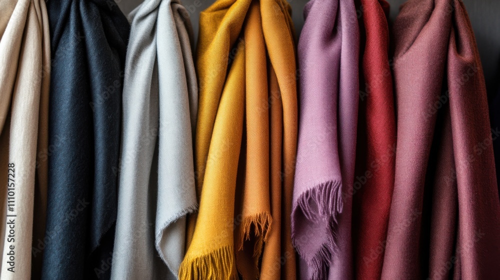 A range of colorful scarves hung side by side, representing the warmth and comfort of diversity, minimalistic photography style A range of colorful scarves hung side by side, representing the warmth and comfort of diversity, minimalistic photography style