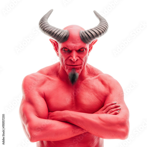 A muscular red demon figure with horns, standing confidently with arms crossed, isolated on a white background, embodying strength and power. photo