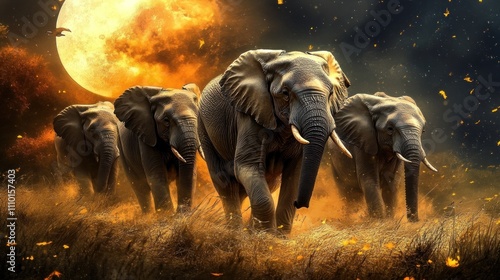 A herd of elephants walks across the savanna, which is very majestic and mighty.