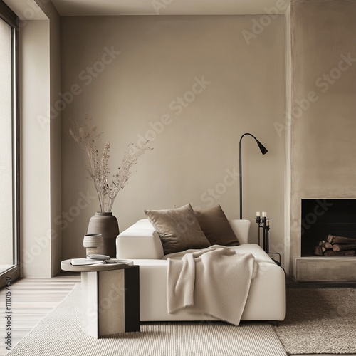 editorial style interiorphoto of a livingroom as seen in a 2024 architectural interior magazine, cozy, warm neutral colours,  photo