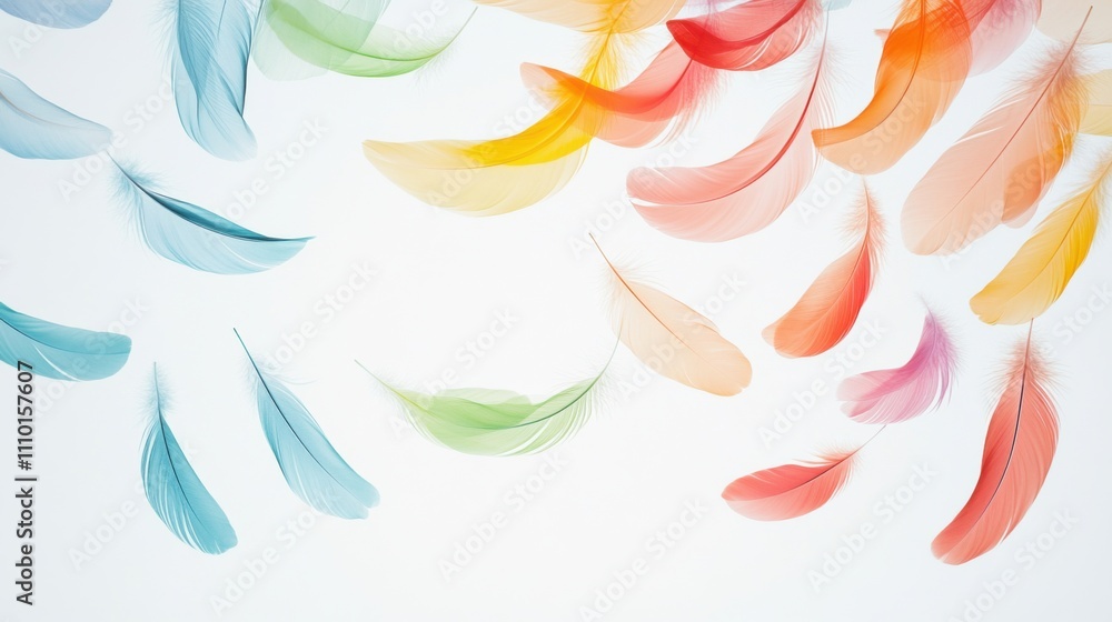 Fototapeta premium A serene depiction of multi-colored abstract feathers drifting together to form a unified, flowing pattern on a clean backdrop