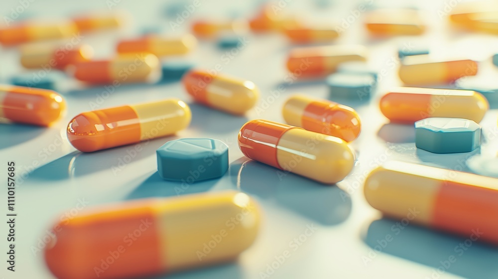 Close-up of colorful capsules and tablets on a smooth surface Close-up of colorful capsules and tablets on a smooth surface