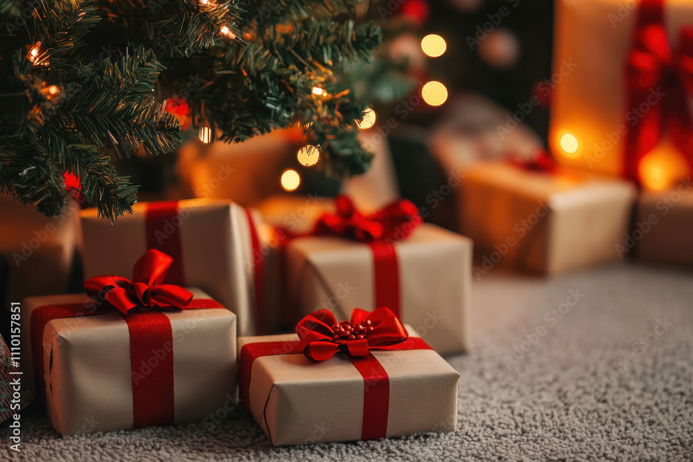 Christmas presents under a tree with red bows and warm lighting Christmas presents under a tree with red bows and warm lighting