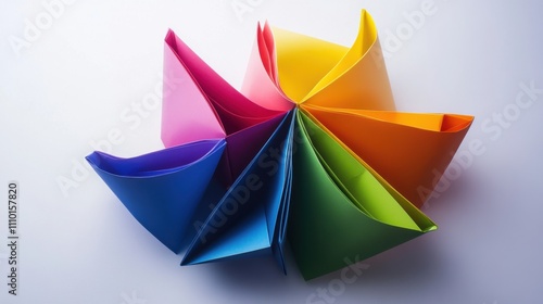 Free Download A serene depiction of multi-colored abstract origami shapes folding together to create a unified, elegant form on a smooth background - GFXLoad