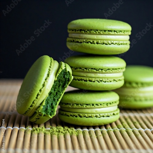 close-up of matcha-flavored macarons, matcha powder, matcha, macarons, green tea desserts, bamboo, matcha powder, clean background., matcha tea pastry, green tea treats, asian-inspired desserts, artis photo