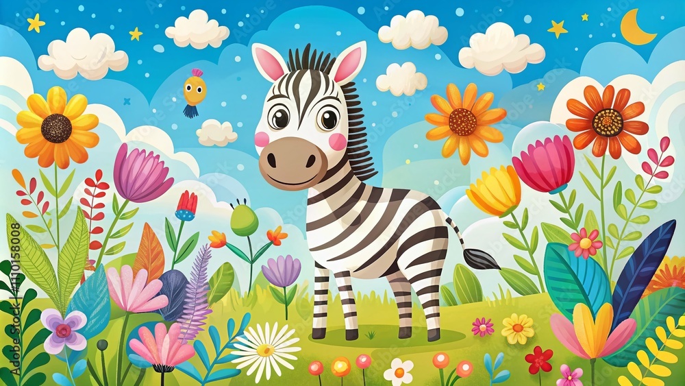 Adorable Cartoon Zebra in Flat Style for Playful Poster, Greeting Card, and Baby Design with Whimsical Colors and Cheerful Expression, Perfect for Kids' Room Decor Adorable Cartoon Zebra in Flat Style for Playful Poster, Greeting Card, and Baby Design with Whimsical Colors and Cheerful Expression, Perfect for Kids' Room Decor
