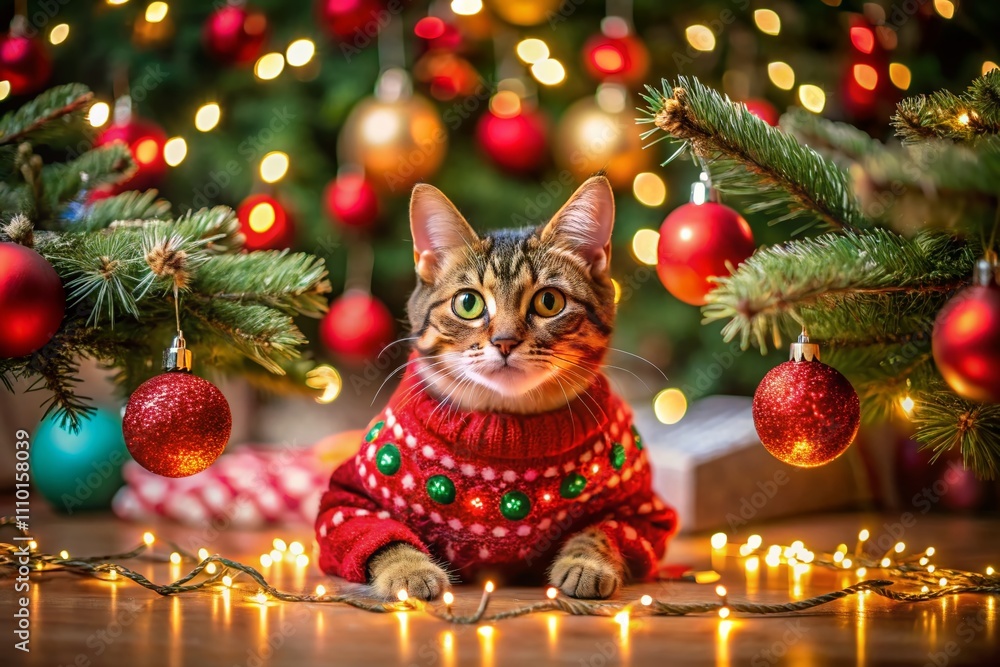 Adorable Cat in Festive Red Sweater Nestled Under a Christmas Tree Surrounded by Twinkling Lights and Colorful Ornaments in a Cozy Night Setting Adorable Cat in Festive Red Sweater Nestled Under a Christmas Tree Surrounded by Twinkling Lights and Colorful Ornaments in a Cozy Night Setting