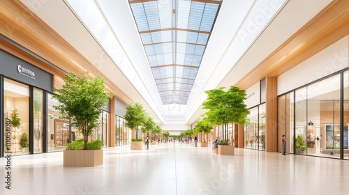 A large indoor shopping mall with a green roof and a blue ceiling