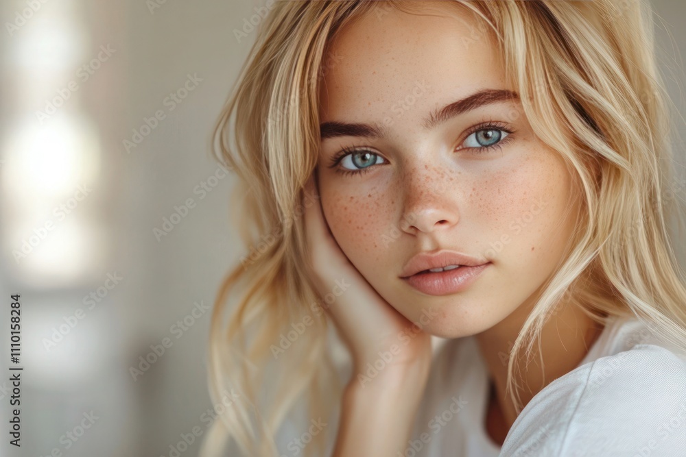 Portrait of a beautiful young girl with long blond hair and freckles. The concept of youth and beauty. Portrait of a beautiful young girl with long blond hair and freckles. The concept of youth and beauty.