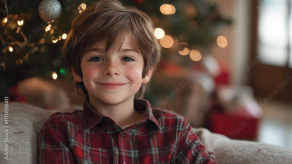 A Young Boy Smiles Joyfully in Front of a Christmas Tree A Young Boy Smiles Joyfully in Front of a Christmas Tree