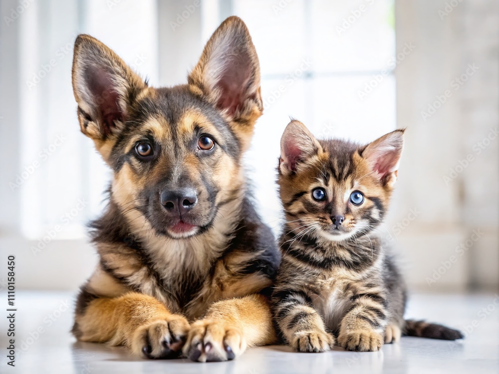 Adorable German Shepherd Puppy and Kitten Together on White Background, Perfect for Animal Lovers and Pet Enthusiasts, Showcasing Their Cuteness and Playful Nature in an Architectural Setting Adorable German Shepherd Puppy and Kitten Together on White Background, Perfect for Animal Lovers and Pet Enthusiasts, Showcasing Their Cuteness and Playful Nature in an Architectural Setting