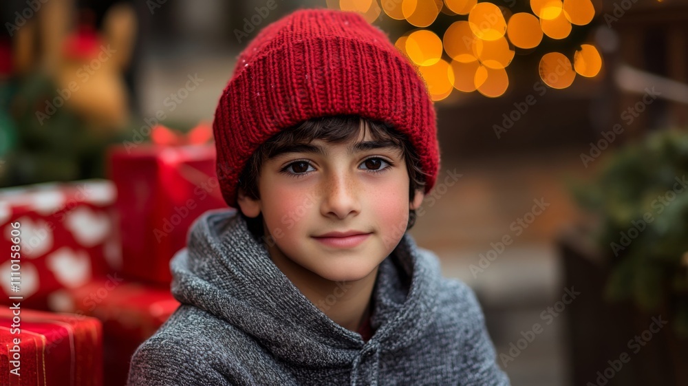 Portrait of a Young Boy Wearing a Red Knit Hat Portrait of a Young Boy Wearing a Red Knit Hat