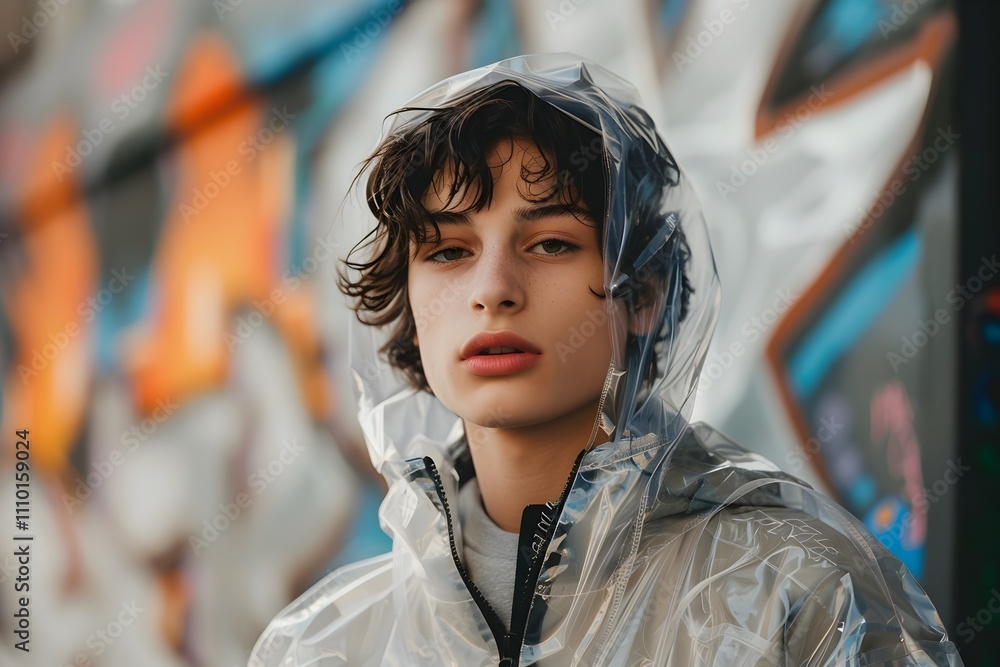 Youthful Person Sporting Stylish Transparent Jacket Amid Vibrant Eco Friendly Urban Murals Youthful Person Sporting Stylish Transparent Jacket Amid Vibrant Eco Friendly Urban Murals
