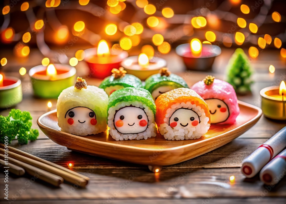 Adorable Kawaii Sushi Set with Smiling Faces and Pink Cheeks, Showcasing Japanese Cuisine in a Charming Low Light Photography Style Adorable Kawaii Sushi Set with Smiling Faces and Pink Cheeks, Showcasing Japanese Cuisine in a Charming Low Light Photography Style