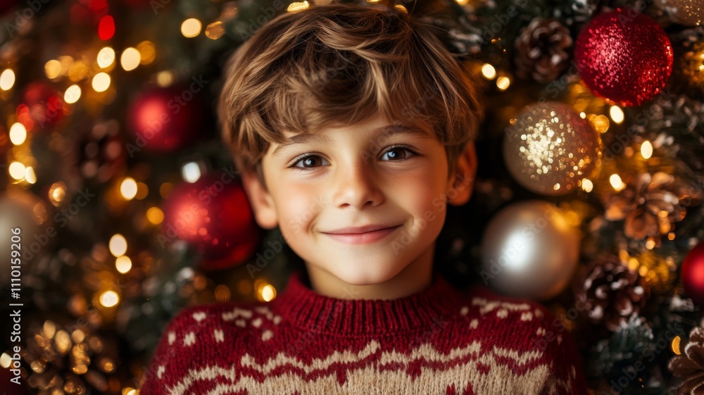 Young Boy Smiling with Christmas Decorations Behind Him Young Boy Smiling with Christmas Decorations Behind Him