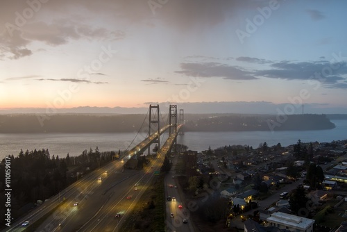 The Tacoma Narrows bridge at sunset photo