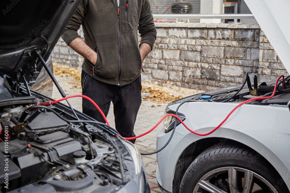 Man jump-starting a car using jumper cables outdoors Man jump-starting a car using jumper cables outdoors
