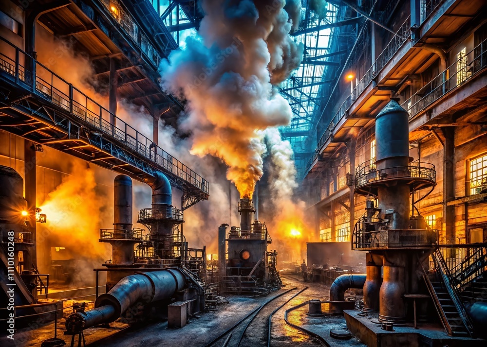 A Dramatic Industrial Scene with Thick, Swirling Steam in a Dimly Lit Warehouse Filled with Pipes and Machinery, Capturing the Essence of Heavy Industry and Urban Decay A Dramatic Industrial Scene with Thick, Swirling Steam in a Dimly Lit Warehouse Filled with Pipes and Machinery, Capturing the Essence of Heavy Industry and Urban Decay