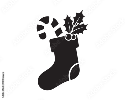 Festive Christmas Stocking with Candy Cane and Holly Leaves Vector Silhouette