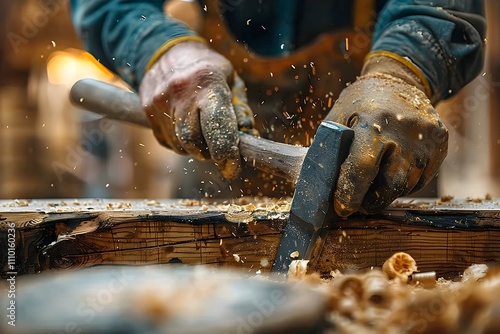 Close up of Construction Worker s Hands Using Hammer and Nails to Build Wooden Frame