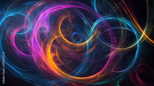 A serene visualization of multi-colored abstract spirals intertwining to form a harmonious, glowing pattern on a dark surface