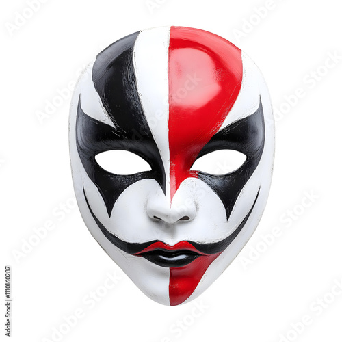 A striking, artistic mask featuring bold black, red, and white colors, perfect for cultural events or theatrical performances. photo