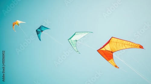 A series of colorful kites flying in a clear sky, symbolizing freedom and diversity, minimalistic photography style photo