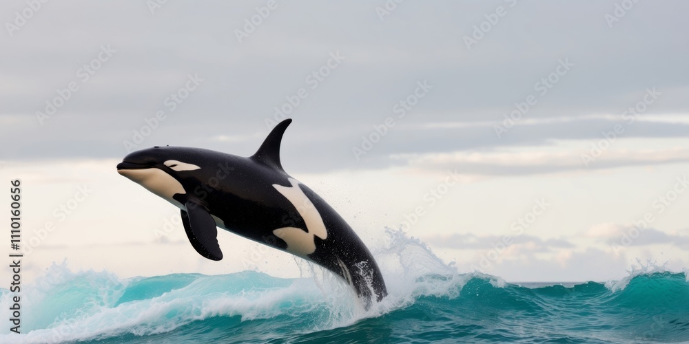 Fototapeta premium Orca Leaping from the Ocean Waves Under a Cloudy Sky.