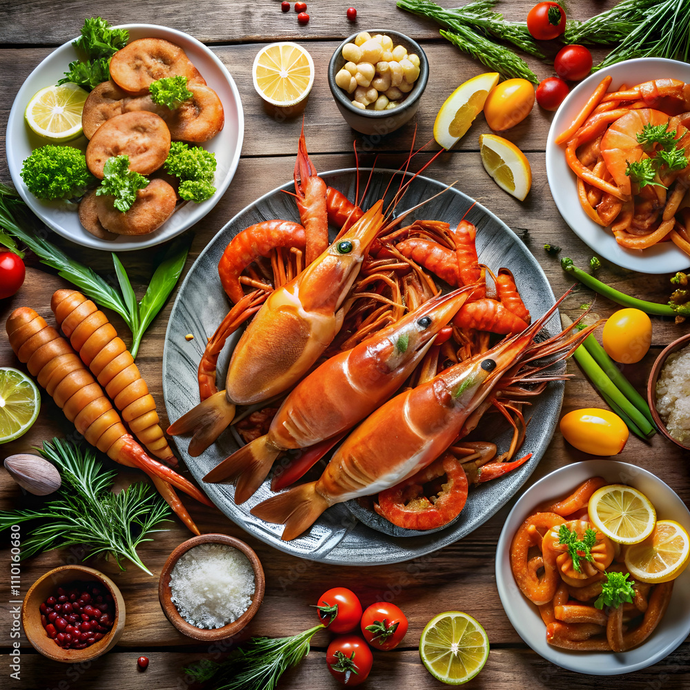 a table full of seafood including lobsters shrimp a table full of seafood including lobsters shrimp