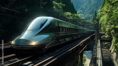 Sleek high-speed train travels through lush green mountain valley on a railway bridge.