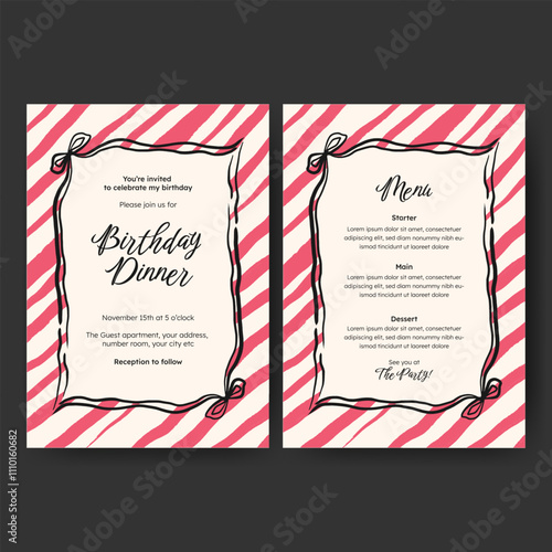 Hand drawn minimalist invitation dinner menu template design for valentine, birthday or wedding