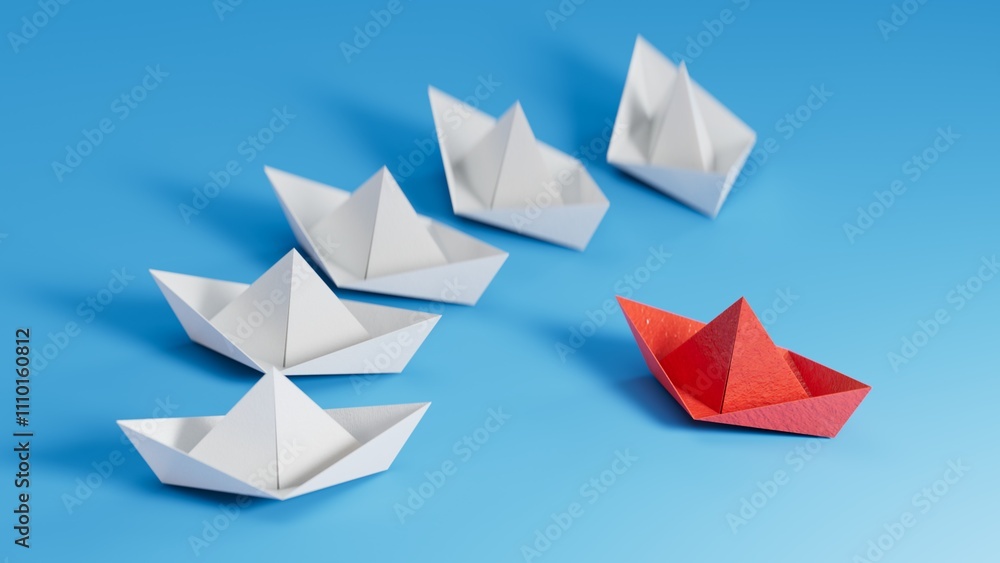 Different business concept.new ideas. paper art style. creative idea.Set of origami boats. Leadership concept.3D rendering on blue background. Different business concept.new ideas. paper art style. creative idea.Set of origami boats. Leadership concept.3D rendering on blue background.