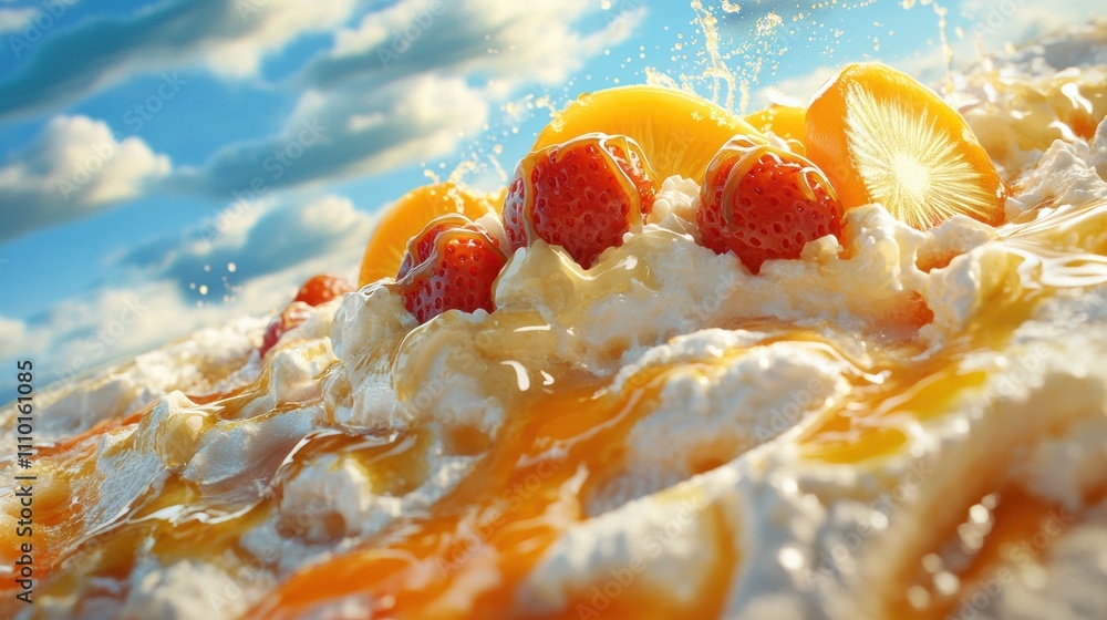A creative illustration of detailed close-up of colorful shaved ice topped with syrup, condensed milk, and fresh fruit pieces in a summer setting A creative illustration of detailed close-up of colorful shaved ice topped with syrup, condensed milk, and fresh fruit pieces in a summer setting