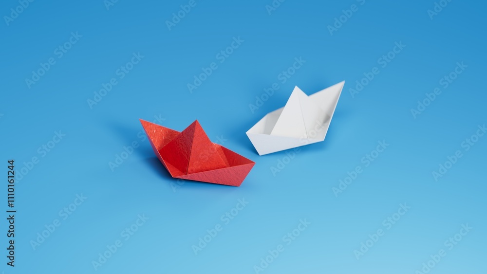 Different business concept.new ideas. paper art style. creative idea.Red and white paper boat. Leadership concept.3D rendering on blue background. Different business concept.new ideas. paper art style. creative idea.Red and white paper boat. Leadership concept.3D rendering on blue background.