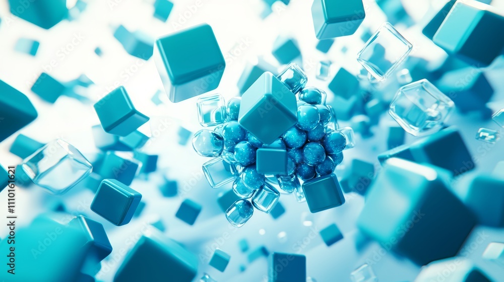 Dynamic array of blue cubes and spheres in motion - futuristic abstract concept Dynamic array of blue cubes and spheres in motion - futuristic abstract concept