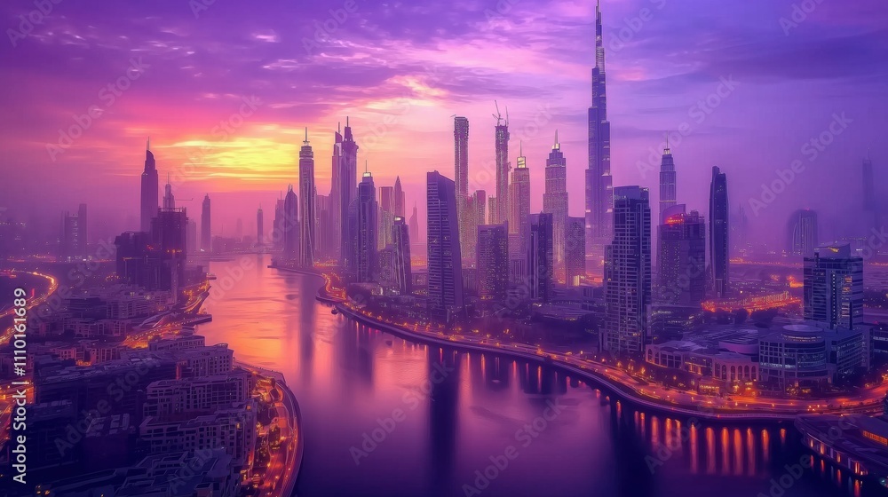 a futuristic city at sunset, golden and purple hues reflecting on high-tech buildings, serene and awe-inspiring skyline a futuristic city at sunset, golden and purple hues reflecting on high-tech buildings, serene and awe-inspiring skyline