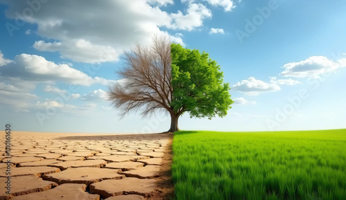 Landscape photo featuring a single tree in the center, dividing two contrasting environments. Dry and fertile. photo