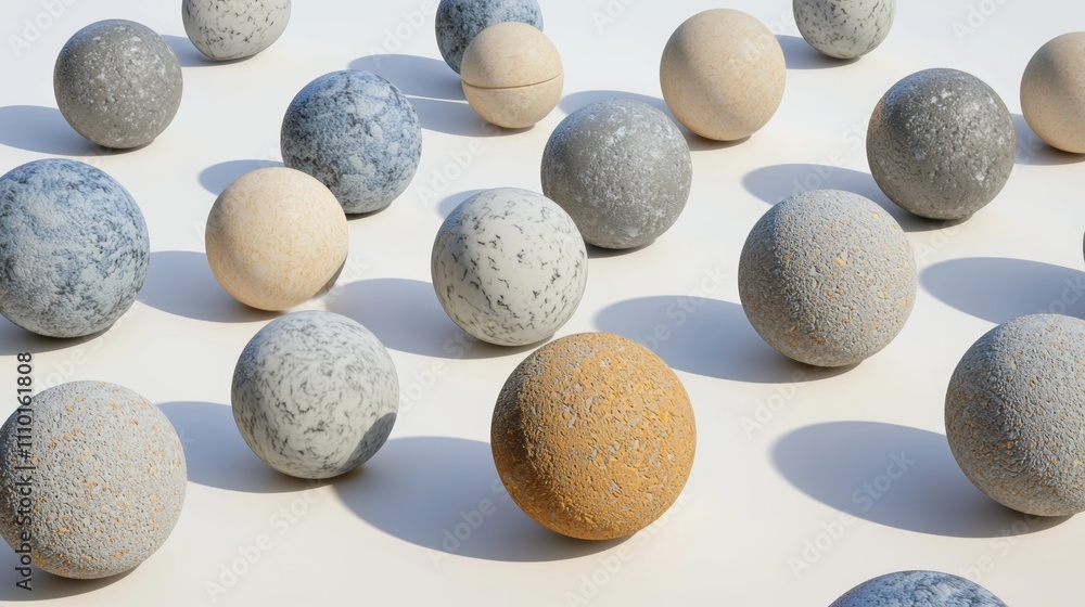 Modern minimalist spheres with varied textures and shadows on white background Modern minimalist spheres with varied textures and shadows on white background
