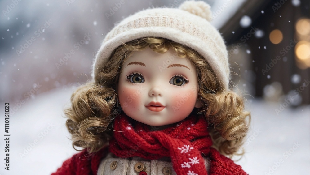 Snowy Scene Featuring a Christmas Doll Snowy Scene Featuring a Christmas Doll