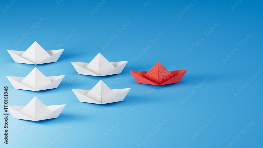 Obraz premium Different business concept.new ideas. paper art style.Leadership concept with red paper ship leading among white boats.3D rendering on blue background.