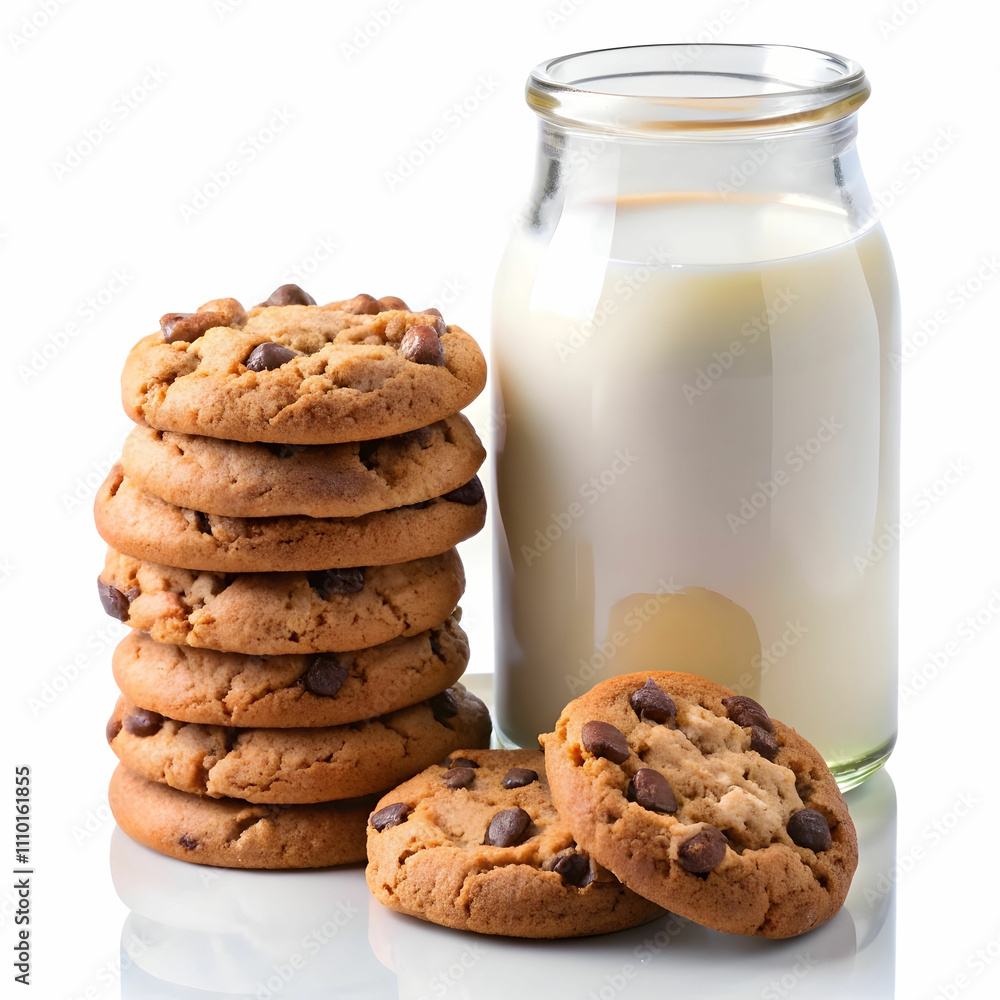 Chocolate cookies paired with a jar of milk, arranged on a white background Chocolate cookies paired with a jar of milk, arranged on a white background