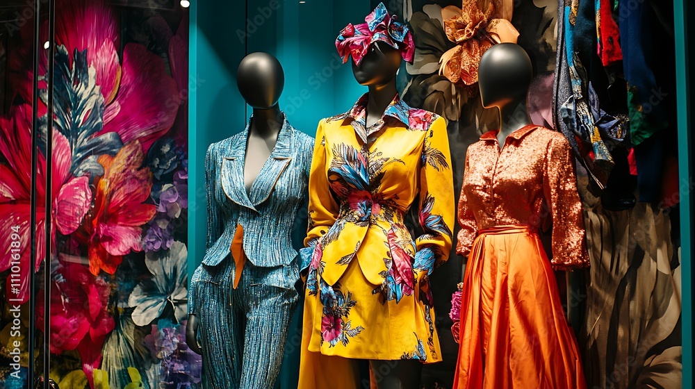 Three female mannequins display vibrant, patterned clothing in a stylish boutique setting. Three female mannequins display vibrant, patterned clothing in a stylish boutique setting.