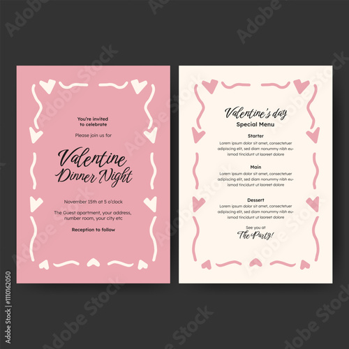 Hand drawn minimalist invitation dinner menu template design for valentine, birthday or wedding