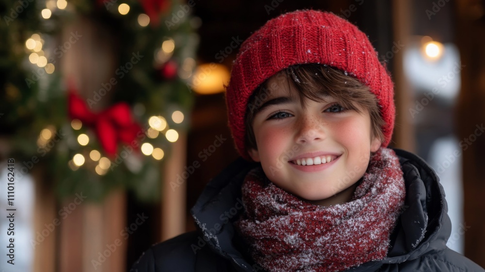 Portrait of a Smiling Boy in a Red Knit Hat and Scarf with Snow Portrait of a Smiling Boy in a Red Knit Hat and Scarf with Snow