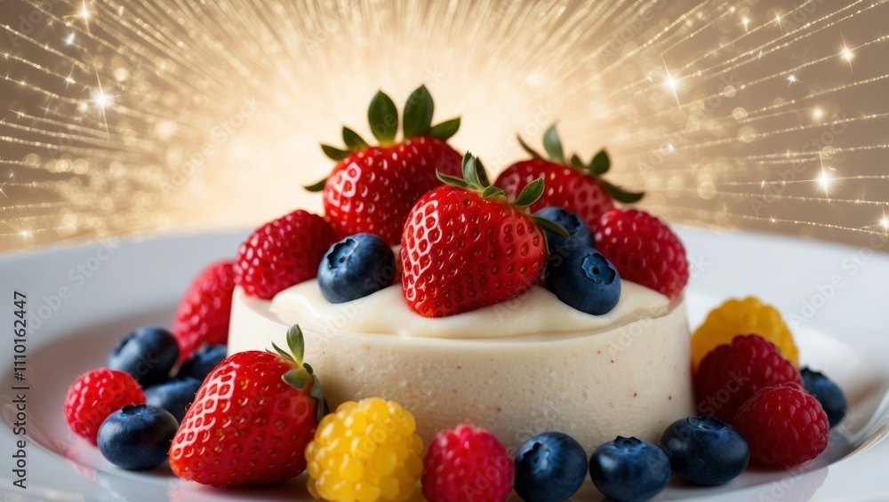 Creamy Dessert with Berries and Sparkling Background. Creamy Dessert with Berries and Sparkling Background.