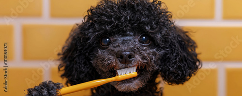playful poodle with curly black fur holds toothbrush in its mouth, showcasing fun grooming moment against bright yellow background